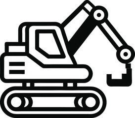 Line icon of a tracked excavator with long arm and bucket, construction equipment vector.