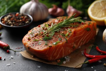 Fresh salmon fillet seasoned with herbs and spices lying on baking paper