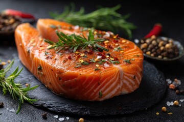 Fresh salmon steak seasoned with herbs and spices lying on a black slate plate