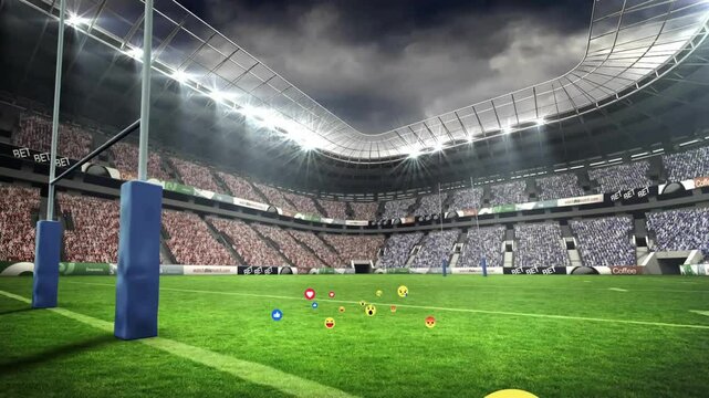 Floodlights activating, reaction icons floating on pitch toward goal post showing fan emotion flow - Powered by Adobe