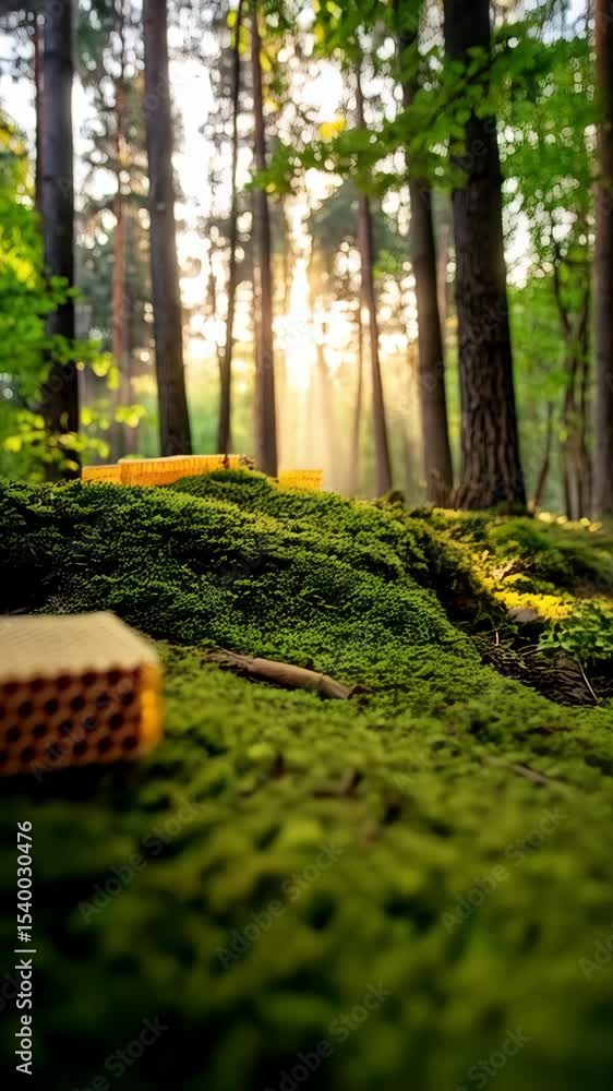 Poster sunlight streams through tall trees illuminating honeycomb in a forest with green moss, creating a n