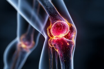 Side view of a human body showing internal anatomy of the knee joint, early signs of arthritis, slight cartilage wear and joint inflammation, glowing red areas indicating pain