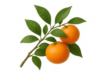 Ripe oranges dangling from leafy branch, suspended against transparent backdrop