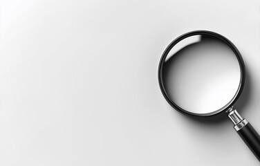 Black and white magnifying glass on white background, top view, vector style, hyper-realistic, high-res, ultra-detailed, sharp focus, clean design, masterpiece quality.
