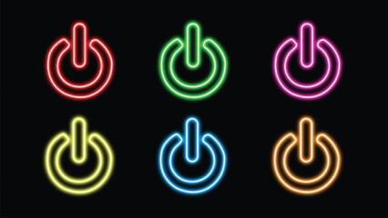 Neon glowing power button icon. Neon light power button turning on and off icon. six colour neon Power Button icon on the black background. Vector Illustration		