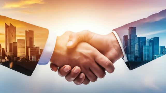 Repeating handshake imagery with cityscape silhouettes overlaid on suits, symbolizing urban development, partnership, collaboration, and deal-making