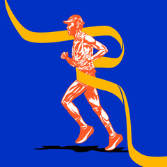 Stylized Vector Runner Poster. Runner crossing finish line with orange ribbon in vector art illustration