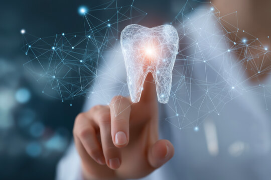Digital tooth hologram with connected network, futuristic dental technology concept in a medical setting – innovation and oral health care ideas