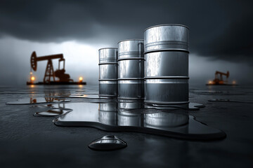 Steel oil barrels and spilled oil on wet ground at drilling site, dramatic cloudy sky and pumpjacks in background – energy industry, pollution and environmental impact concept.