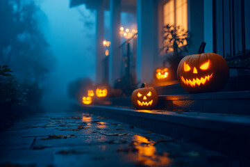 Glowing jack-o’-lantern pumpkins on porch steps at night, foggy Halloween atmosphere and autumn mood – seasonal decoration and spooky holiday concept.