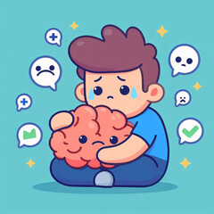 Flat vector illustration of person hugging cartoon brain with worried face — symbolic comfort for mental health

