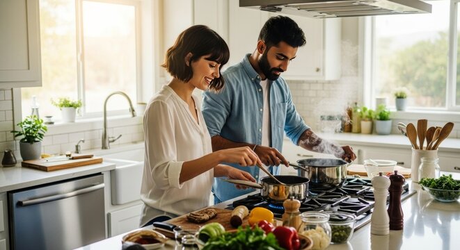 Happy Couple Cooking Together in a Modern Kitchen