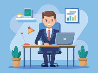 Smiling businessman working on laptop at desk in modern office isolated on white background