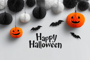 Halloween paper pumpkins and black bats on white background, festive party decorations and cheerful mood – holiday celebration and seasonal concept.