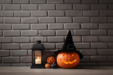 Halloween pumpkins and lantern by brick wall, festive jack-o'-lantern with witch hat glowing, seasonal holiday concept
