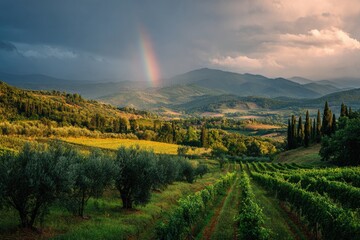 Rolling hills, vineyards, olive groves, and a vibrant rainbow arching over a mountainous landscape after a rain shower, bathed in the golden light of sunset