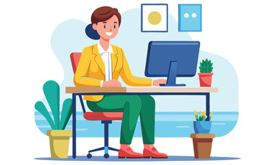 Happy woman working on computer at desk office illustration isolated on white background
