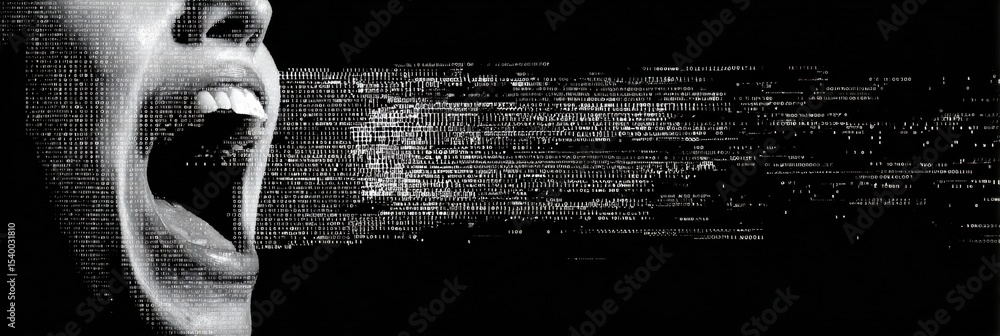 Poster muffled scream against a backdrop of chaotic digital noise expressing the contrast between sound and