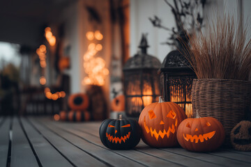 Carved jack-o’-lantern pumpkins and lanterns on a decorated porch, glowing at dusk, evoke Halloween spirit and festive ambiance – seasonal celebration and home decor concept.
