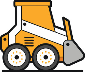 Vector line art of a skid steer loader with front bucket and wheels, simplified industrial vehicle.