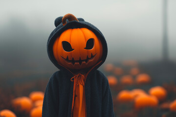 Spooky pumpkin-headed figure in dark hooded cloak stands in misty pumpkin patch, evoking Halloween and fantasy themes – perfect for autumn festival or horror concept.