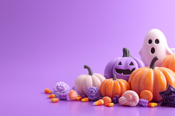 Halloween pumpkins, ghost, and candy on purple background, festive and playful holiday scene – perfect for party invitations or seasonal design concepts.
