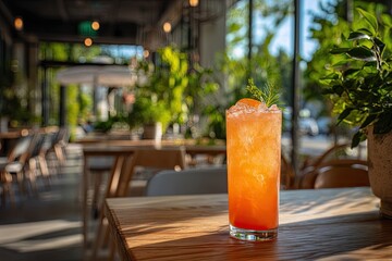 Icy orange cocktail in tall glass, garnished with a sprig of rosemary, sits on a sunlit wooden table in a vibrant outdoor cafe setting
