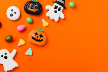 Halloween cookies and candies on orange background, festive and playful celebration – holiday food and party concept.