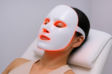 Woman relaxing during a facial treatment with led light therapy mask for skincare and rejuvenation in a modern spa setting