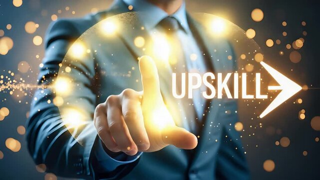 Man in Suit Pointing at Upskill Text with Arrow in Glowing Light and Sparkling Background
