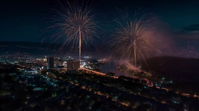 ドローン空撮で捉えた、川辺に映る都会の夜景と打ち上げ花火