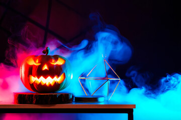 Glowing jack-o'-lantern and geometric decor in misty neon light, spooky Halloween night – festive, mysterious atmosphere for seasonal design