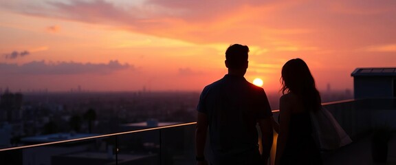 Two figures silhouetted against sunset on rooftop terrace, joyful, friendship