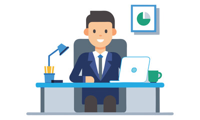 Happy businessman working at desk with laptop isolated on white background