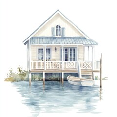 Watercolor illustration of a charming beach house