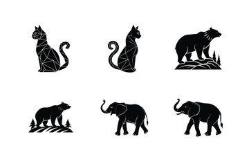 Silhouette illustrations of various animals including a cat bear and elephant on white background