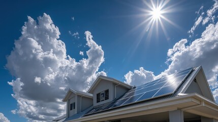 Residential Rooftop Solar Panels Under Bright Sun - Home Renewable Energy System