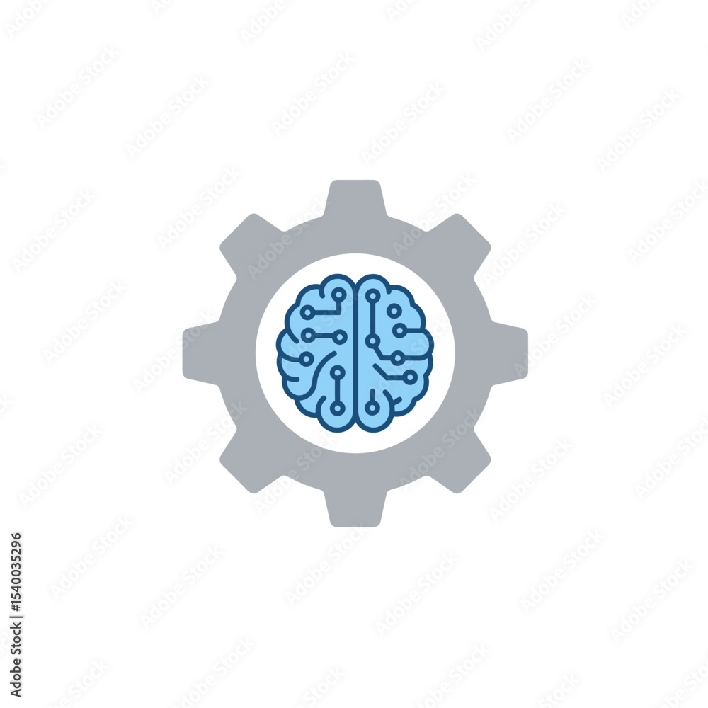 Poster stylized brain circuitry inside a gray gear symbolizing artificial intelligence.