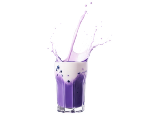 Splash of blueberry purple milk isolated on transparent background A vibrant, rich purple splash of milk, the hue reflecting