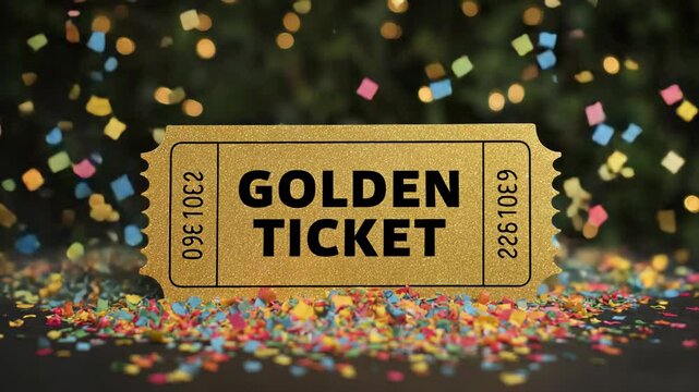 Golden ticket with bold text surrounded by colorful confetti on dark background, celebration concept