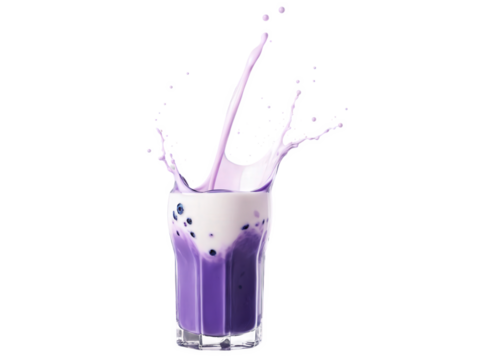 Splash of blueberry purple milk isolated on transparent background A vibrant, rich purple splash of milk, the hue reflecting