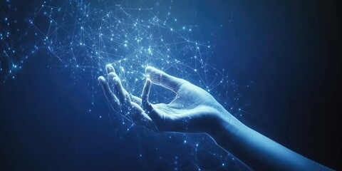 A hand reaching out, surrounded by a network of glowing connections