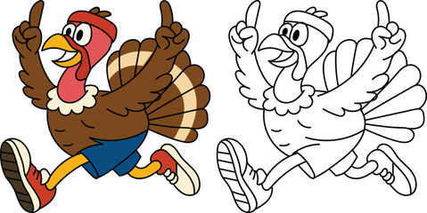 Running Cartoon Turkey in Sports Outfit for Thanksgiving with Colour and Outline Vector