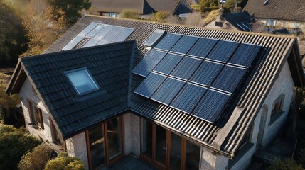 Overhead View of Residential House with Solar Panels on Multiple Roof Sections