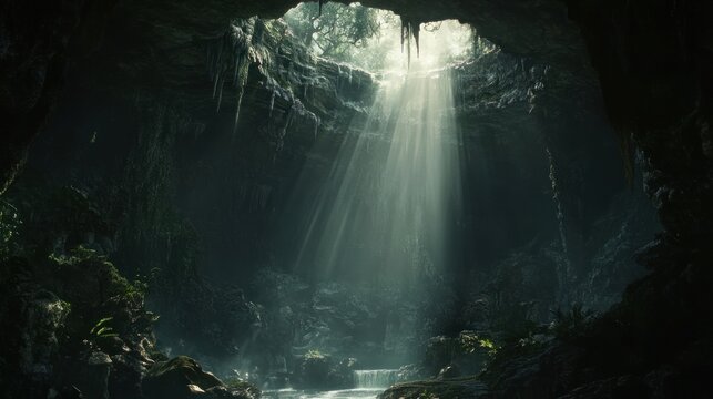 Sunlight streams into a dark cave