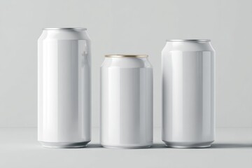 Three blank white aluminum cans of varying heights against a light grey background