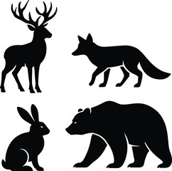 Forest Wildlife Animals Silhouette Set - Deer, Fox, Rabbit, Bear