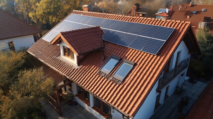 Residential Home with Solar Panels on Terracotta Tile Roof - Eco-Friendly Living