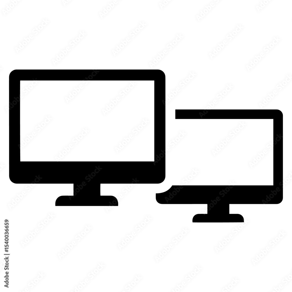 Poster two computer monitors one larger behind a slightly smaller one both with blank white screens