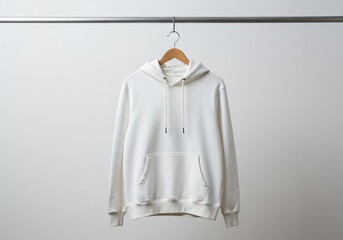 Minimalist white hoodie hanging on a wooden hanger against a neutral background